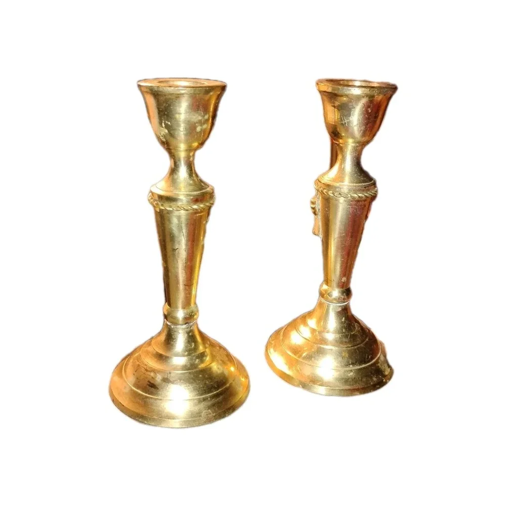Vintage Brass Candle Sticks Solid Pair Braided Chain-rope tassel‎ decor 6-3/32